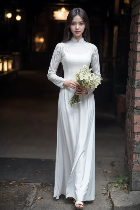 a woman in a white dress holding a bouquet of flowers