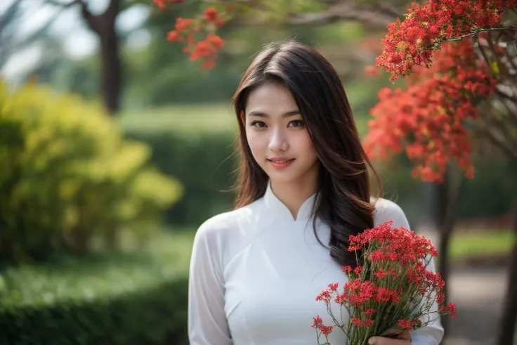 araffe woman in a white shirt holding a bunch of red flowers