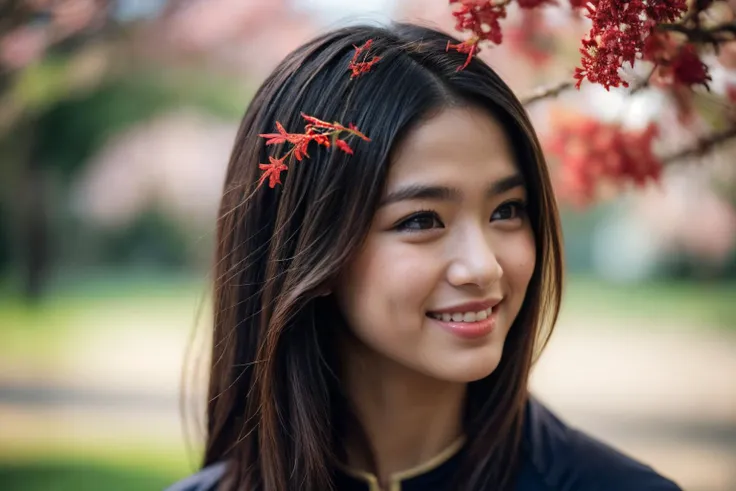 arafed asian woman with a flower in her hair smiling