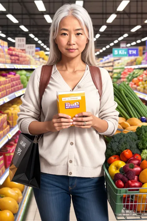 woman holding a box of food in a grocery store