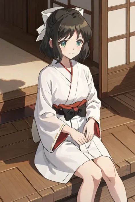 best quality, masterpiece, highres, solo, {white kimono:1.35}, {red hakama:1.35}, {wide sleeves:1.20}, {kohinata_miku_senkizesshousymphogear:1.15}, short_hair, black_hair, green_eyes, bow, ribbon, hair_bow, hair_ribbon