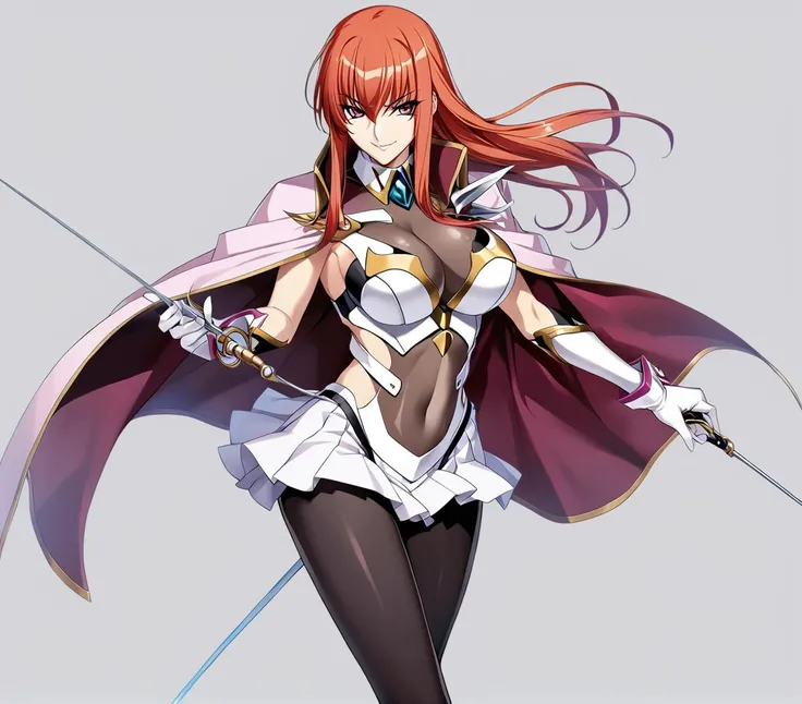 1girl, Maya Cordelia, solo, masterpiece, general, solo, official art, holding rapier, rapier, looking at viewer, v-shaped eyebrows, evil smile, see-through impossible bodysuit, wrist cuffs elbow gloves, black pantyhose, pink cape, white background, simple ...