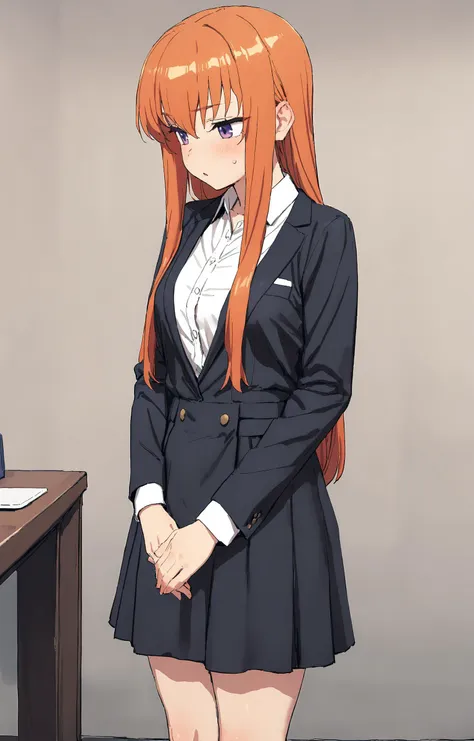 anime girl in a school uniform standing in front of a desk