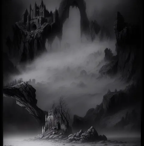 highly detailed illustration of a dark fantasy landscape at night time with fog, crumbling stone tower, twisted glowing white tree, shadows of crumbling stone keep with one small window, foggy background, dark gothic fantasy, haunted surrealism, medieval r...