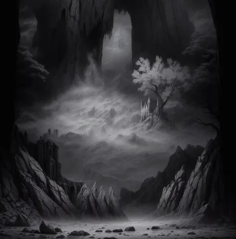 highly detailed illustration of a dark fantasy landscape at night time with fog, crumbling stone tower, twisted glowing white tree, shadows of crumbling stone keep with one small window, foggy background, dark gothic fantasy, haunted surrealism, medieval r...