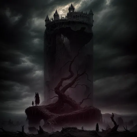 highly detailed photograph of a mysterious ruined castle overlooking a twisted dead tree, hyperdetailed award winning fantasy landscape photograph, gothic horror, dark fantasy art, masterpiece painting, elden ring, lord of the rings, art by Michael whelan,...