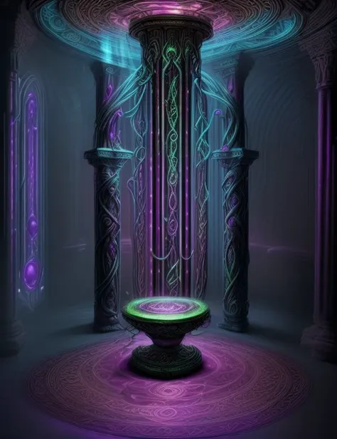 a digital painting of a room with a fountain and a circular table