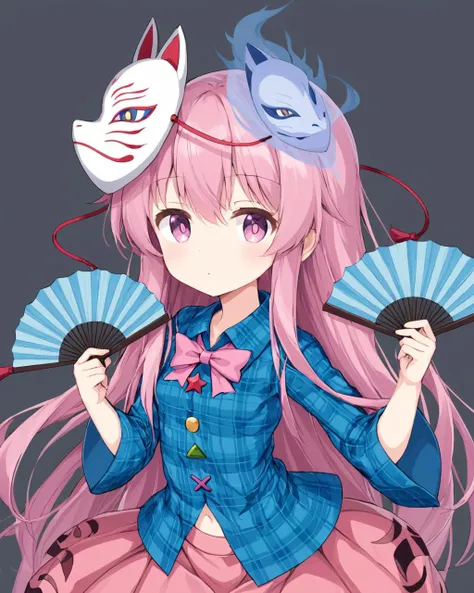 hata no kokoro,1girl, solo, fox_mask, pink_bowtie, looking_at_viewer, plaid_shirt, folding_fan, mask_on_head, long_sleeves, grey_background, holding_fan, expressionless, noh_mask, oni_mask, simple_background, circle, star_(symbol), twitter_username, triang...