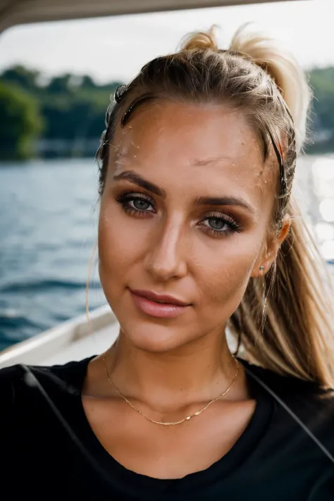 RAW, real photo portrait, aky, on a boat, (wearing a wet black t-shirt), pretty face, insanely detailed eyes, light blonde hair, high ponytail, bokeh, natural light, depth of field, golden hour, sharp focus, <lora:AricaSky-RealVision-V1.0:1>