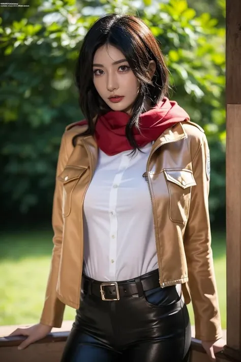 girl,mikasa ackerman,scarf,solo,jacket,black hair,paradis military uniform,short hair,red scarf,emblem,belt,hair between eyes,three-dimensional maneuver gear,thigh strap,boots,pants,brown jacket,long sleeves,outdoors,open clothes,survey corps,open jacket,w...