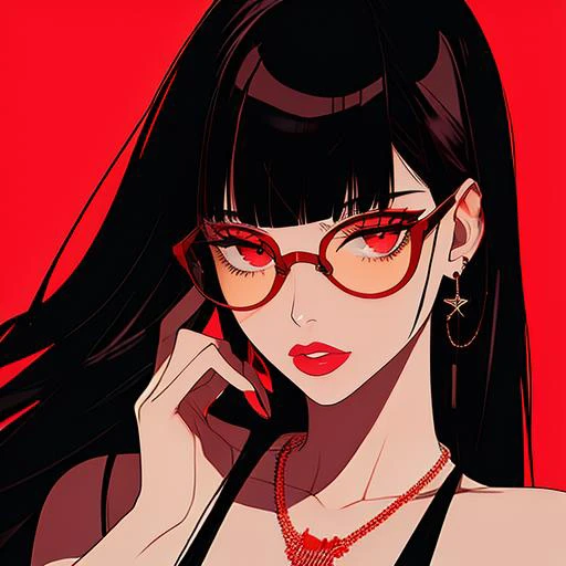 <lora:age_slider_v2:4>,1girl,solo,jewelry,earrings,long hair,black hair,red background,bangs,round eyewear,cross,simple background,blunt bangs,necklace,tinted eyewear,red eyes,glasses,sunglasses,piercing,lips,portrait,