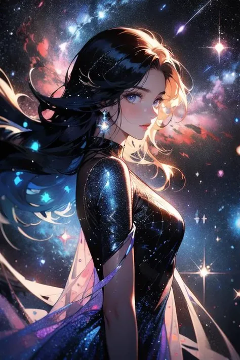 1girl, solo, long hair, floating hair, upper body, (see-through dress:1.2), <lora:zyc:0.65>, looking at viewer, stars in the eyes, jewelry, crystals, glitters, fragments, starry night, starry sky, reflective sea, galaxy, nebula, glow, masterpiece, best qua...