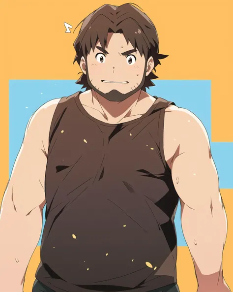 solo, male, wearing a tank top, (chubby), chinstrap beard, sweat, human, middle parted hair, abstract background, <lora:ProfessorBirch:0.6> ProfessorBirch