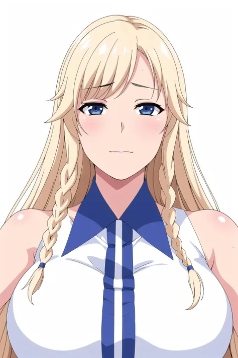 anime girl with long blonde hair wearing a white shirt and blue tie