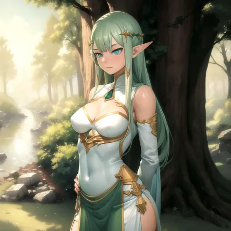 (lasterk:1.3), elf,pale white,green hair,flowers,grass,trees,particles, (pelvic curtain:1.3), blue_eyes, tall, slender (masterpiece,detailed,highres:1.2), no panties, arms behind back, <lora:lasterk-v3:1>, masterpiece, best quality, highly detailed, (8k), ...