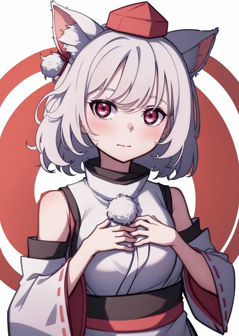 1girl, solo, inubashiri momiji, looking at viewer, short hair, bangs, simple background, shirt, red eyes, hat, white background, animal ears, bare shoulders, closed mouth, white shirt, upper body, white hair, detached sleeves, wide sleeves, animal ear fluf...