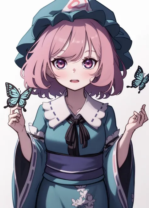 1girl, solo, saigyouji yuyuko, looking at viewer, short hair, open mouth, simple background, long sleeves, hat, white background, upper body, pink hair, frills, japanese clothes, wide sleeves, pink eyes, kimono, sash, floral print, mob cap, bug, butterfly,...