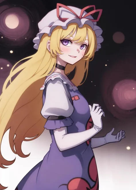 1girl, solo, yakumo yukari, long hair, looking at viewer, smile, bangs, blonde hair, simple background, gloves, hat, white background, dress, ribbon, purple eyes, short sleeves, choker, elbow gloves, puffy sleeves, white gloves, from side, red ribbon, puff...