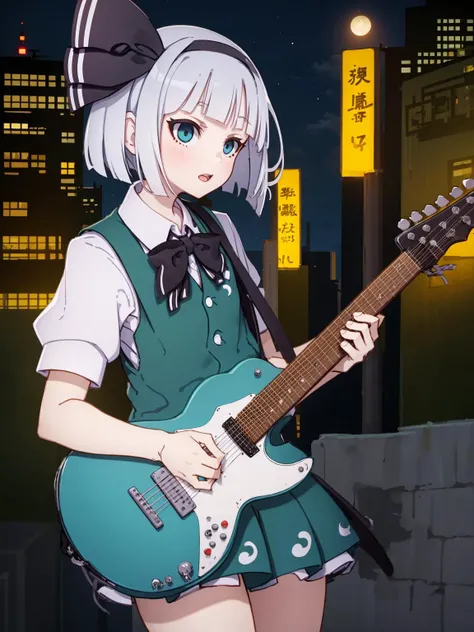 kamepan, (konpaku youmu, 1girl), cowboy shot, colorful, high tech, cyberpunk, city, neon banners, night, moon, (playing on guitar, guitar solo)