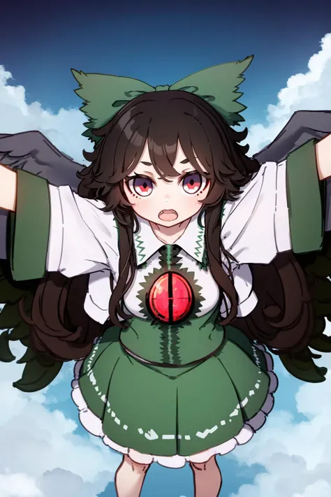 kamepan, 1girl, solo, (reiuji utsuho:1.2), cowboy shot, spread arms, confused, floating, above clouds, wings, from above