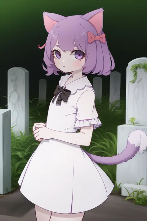 masterpiece, highest quality, cowboy shot, best quality, 1girl, solo, looking at viewer,  outside, cemetery, 
masunya, cat ears, (purple skin color:1.1), (hair bow:1.1), dress, tail, <lora:my_LoRA_masunya_v3:0.5> 
 kamepan, <lyco:kame_locon_version:1>