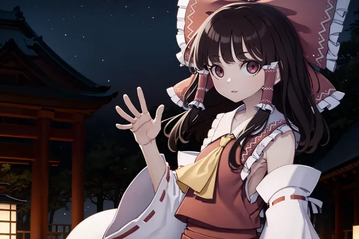 kamepan, 1girl, solo, (hakurei reimu:1.25), upper body, looking at viewer, waving, (japanese temple), (night), rim lighting, realistic lighting, light particles