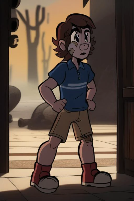 a cartoon boy standing in front of a door with a hand on his hip