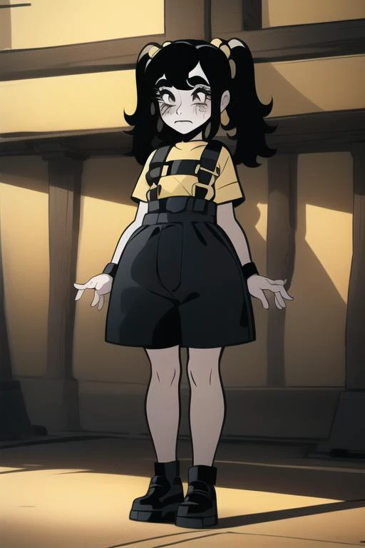 a cartoon girl in a short skirt and yellow shirt standing in front of a building