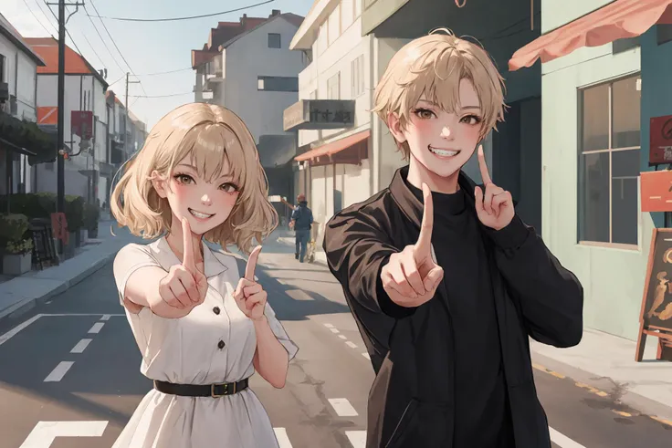 anime characters posing for a picture in a street with buildings