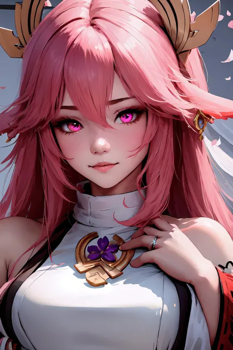 High Quality, Masterpiece, 1girl, IncrsRing, <lora:WeddingRing:1>, upper body, hand focus, yae miko, pink eyes, long hair, pink hair, animal ears, <lora:Char_GenshinImpact_YaeMiko:1>, wedding ring, hand on own chest,