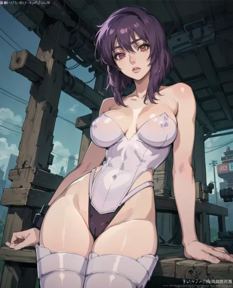 (best quality, masterpiece, perfect face, beautiful and aesthetic:1.2, colorful),(detailed),(official art, extreme detailed, highest detailed),(aakusanagi),(short hair, purple hair, large breasts, white leotard, thighhighs),<lora:kusanagi_motoko_v1:0.8>,