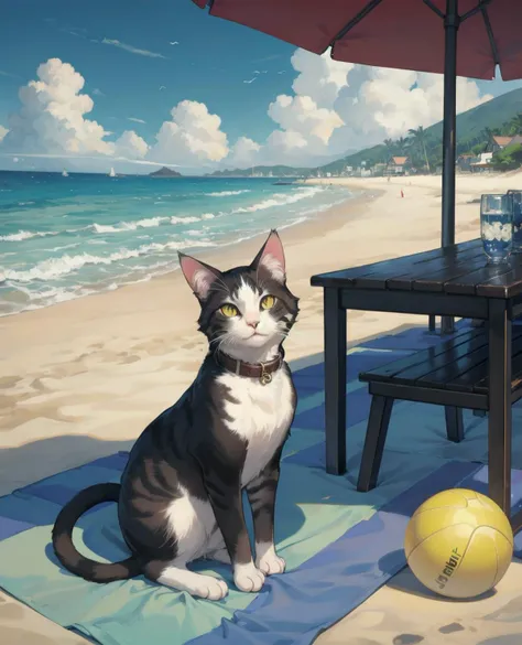 masterpiece,best quality,cat,beach,playing ball,