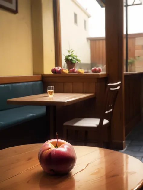 A Medium Shot, of  a nectarine on the table of a cozy place to eat