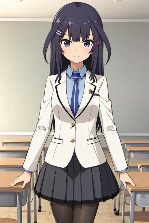 agatsuma kaede, seidaifuzoku school uniform, school uniform, blue shirt, white jacket, pleated skirt, black skirt, black pantyhose, black legwear, hair ornament, blue necktie, hairclip, long sleeves, classroom, smile, 1girl <lora:agatsuma_kaede_locon_v1:0....