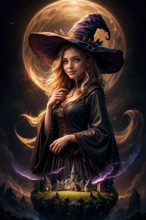 a woman in a witch hat and dress standing in front of a full moon