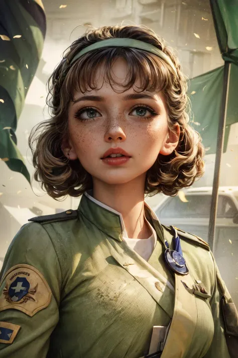 best quality, masterpiece, <lora:add_detail:1>
1 girl, adult  woman, freckles, purple eyes, medium blonde fringe hair,
portrait, solo, (full body:0.6), looking up, detailed background, detailed face, (<lora:Atompunk v.3:0.6>, atompunk theme:1.1), battlefie...