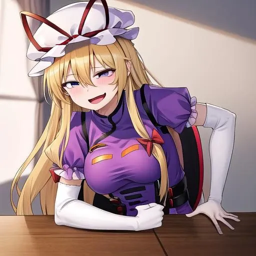 <lora:yakumo_yukari_touhou:0.85> yakumo_yukari_touhou, blonde_hair, ribbon, hat, long_hair, mob_cap, hat_ribbon, red_ribbon, smile, white_headwear, bangs, bow, breasts, purple_eyes, hair_between_eyes, hair_bow, tabard, large_breasts, very_long_hair, <lora:...