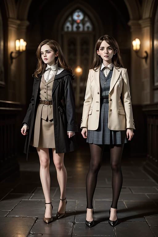 two women in school uniforms standing in a hallway