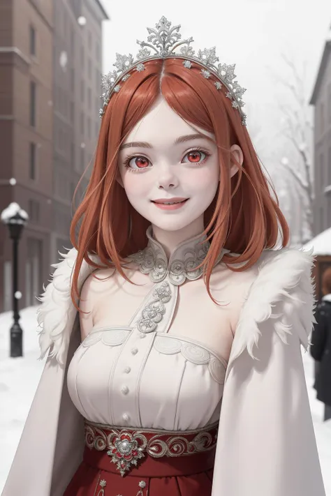 a woman in a white dress and a tiable is standing in the snow