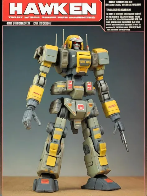 <lora:1987 Action Figure Playset Packaging:1> 1987 Action Figure Playset Packaging page, a stupidity failed designed action figure of a a hard surface hawken sci-fi heavy mech, (MRS), super fine concept art, battlefield background, SFW