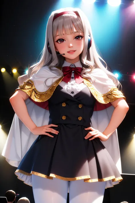 (masterpiece, best quality:1.2), <lyco:idolmaster_shijou-10:1.0>, cowboy shot, solo, 1girl, shijou takane, smile, looking at viewer, hands on hips, grey hair, hairband, headset, frills, puffy sleeves, capelet, layered skirt, white pantyhose, concert, spotl...