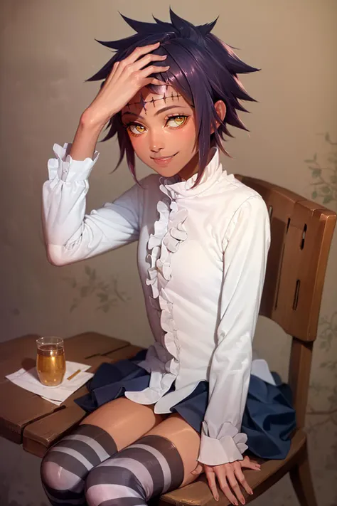 (masterpiece, best quality:1.2), <lyco:dgrayman_kamelot-09:1.0>, cowboy shot, solo, 1girl, dgmkamelot, dark skin, dark-skinned female, smile, looking at viewer, sitting, chair, skirt, striped thighhighs