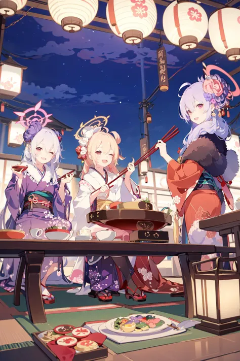 -kimono, multiple girls, japanese clothes, hair ornament, red hair, food, sash, obi, horns, red eyes, holding, flower, chopsticks, hair flower, 6+girls, halo, long hair, official alternate costume, grey hair, fireworks, cup, hair bun, mutsuki (blue archive...