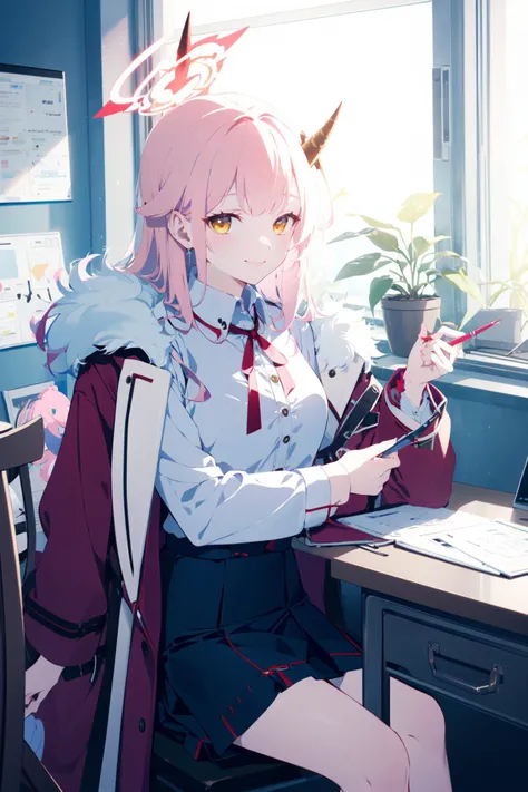 (masterpiece:1.2),best quality,PIXIV,blue archive,
1girl,aru (blue archive),solo,long hair,halo,phone,crossed legs,horns,pink hair,sitting,skirt,holding,shirt,white shirt,yellow eyes,black skirt,fur trim,bangs,corded phone,blinds,coat on shoulders,chair,lo...