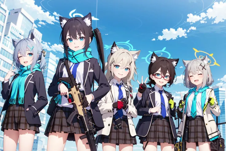 -shiroko (blue archive), halo, weapon, multiple girls, animal ears, nonomi (blue archive), gun, sig sauer, 4girls, jacket, long hair, skirt, assault rifle, gloves, school uniform, glasses, id card, rifle, plaid skirt, grey hair, twintails, scarf, smile, ou...