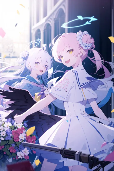 (masterpiece:1.2),best quality,PIXIV,blue archive,
multiple girls,mika (blue archive),halo,weapon,pink hair,gun,wings,long hair,single side bun,feathered wings,hair ornament,hair bun,low wings,flower,hair flower,white wings,blurry background,capelet,3girls...