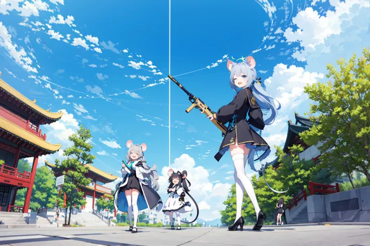 -multiple girls, 3girls, animal ears, outdoors, mouse ears, dress, sky, long hair, black hair, twintails, closed eyes, chinese clothes, rifle, halo, scenery, tail, smile, china dress, open mouth, shun (blue archive), day, weapon, black dress, leaf, grey ha...