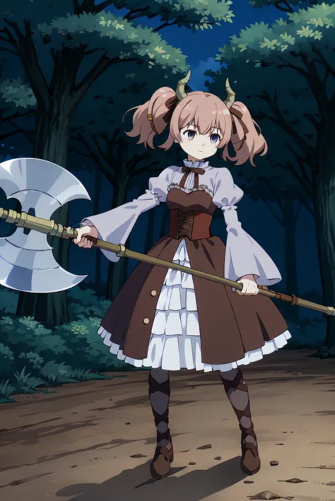 <lora:Linie001:0.6>,Linie,1girl, dress,brown ribbon,frills,corset,wide sleeves,sleeves past wrists, pantyhose,brown footwear,horns,pink hair,twintails, petite, <lora:attackingConcept_18:0.4> holding weapon,holding axe,forest background