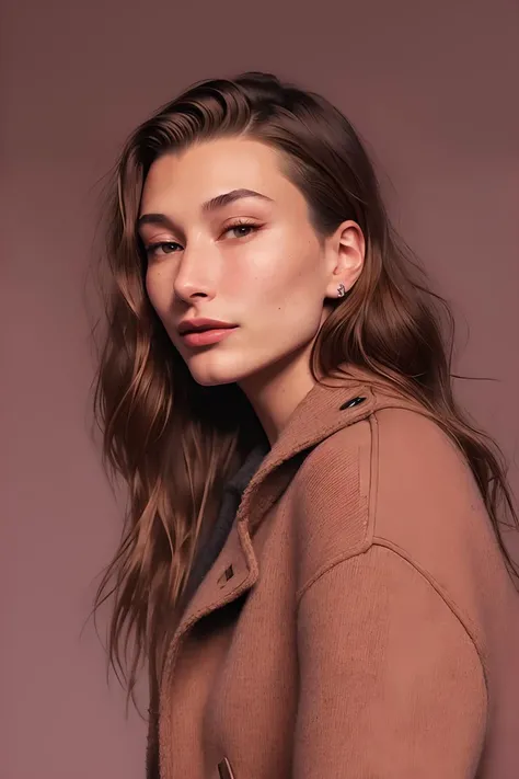 a photo of HB1eb3r, a woman, RAW, close portrait photo, close up shot, brown hair, ((red sweater)), and brown trench coat, night sky background, (high detailed skin:1.2), 8k uhd, dslr, soft lighting, high quality, film grain, Fujifilm XT3 sharp focus, f 5....