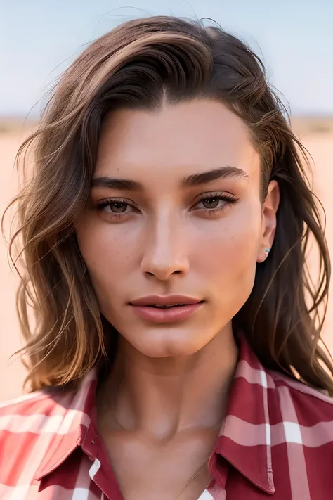 a photo of HB1eb3r, a woman, RAW, close portrait photo, brown hair, checkered red and white shirt, shirt tied, desert in the background, (high detailed skin:1.2), 8k uhd, dslr, soft lighting, high quality, film grain, Fujifilm XT3 sharp focus, f 5.6